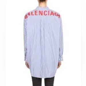 BALENCIAGA Women's Blue Oversize Logo Print Striped Poplin Shirt 34 S